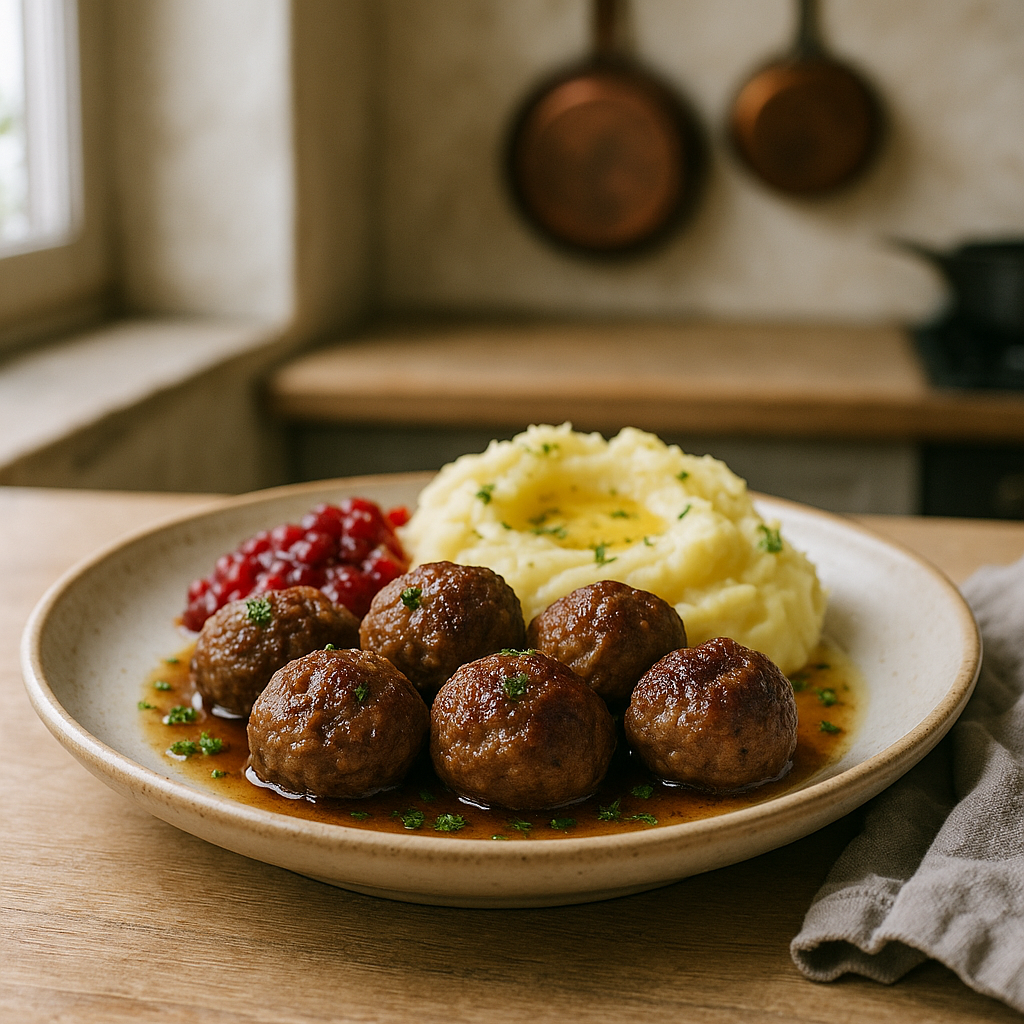 Lamm-Köttbullar mit Kartoffelpüree & Preiselbeeren