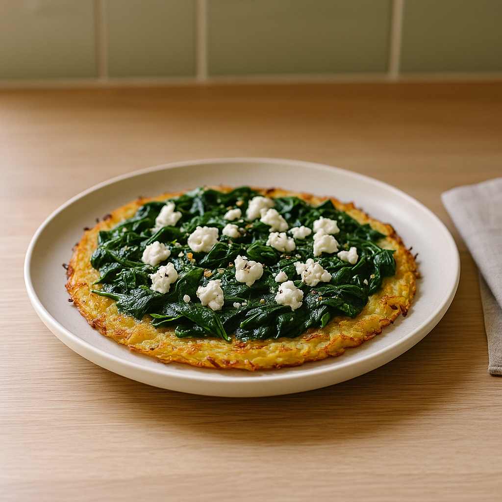 Kartoffel-Rösti-Pizza mit Spinat und Feta