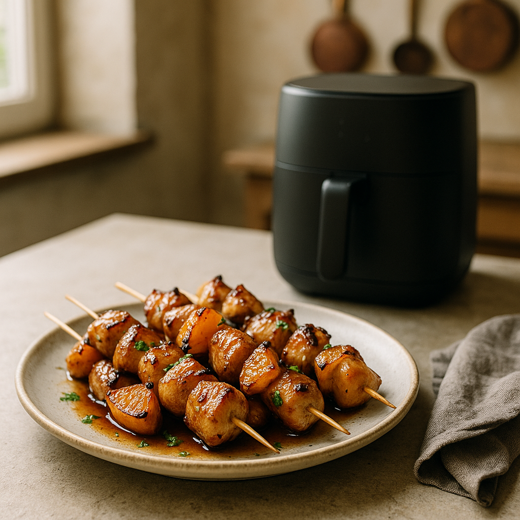 Karamellisierte Airfryer Zitrus-Hähnchenspieße