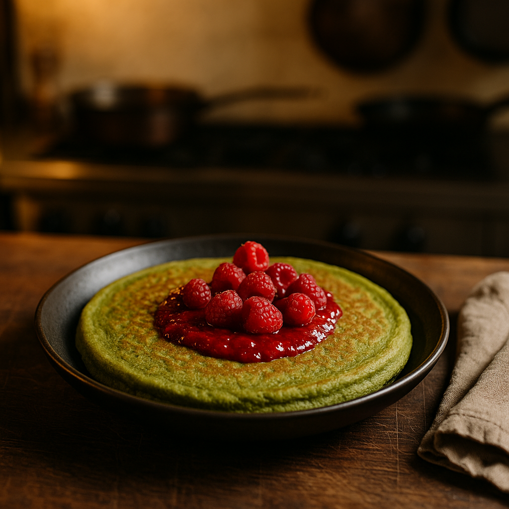 Matcha-Pfannkuchen mit Himbeer-Coulis