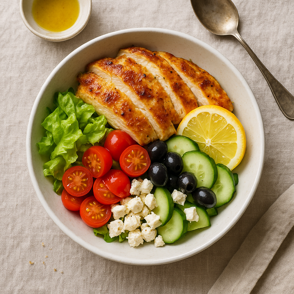 Mediterrane Hühnchen-Bowl mit Zitronensauce