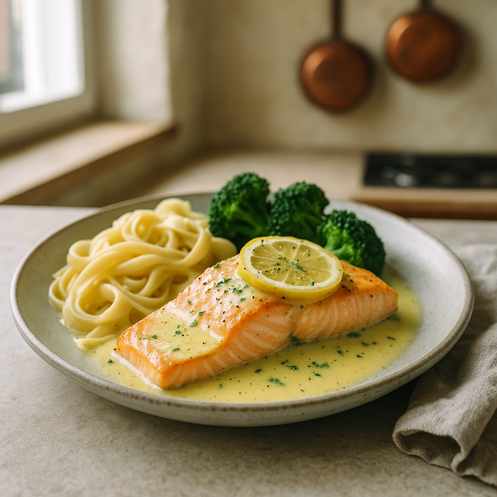 Lachs mit Zitronensauce, Bandnudeln & Brokkoli