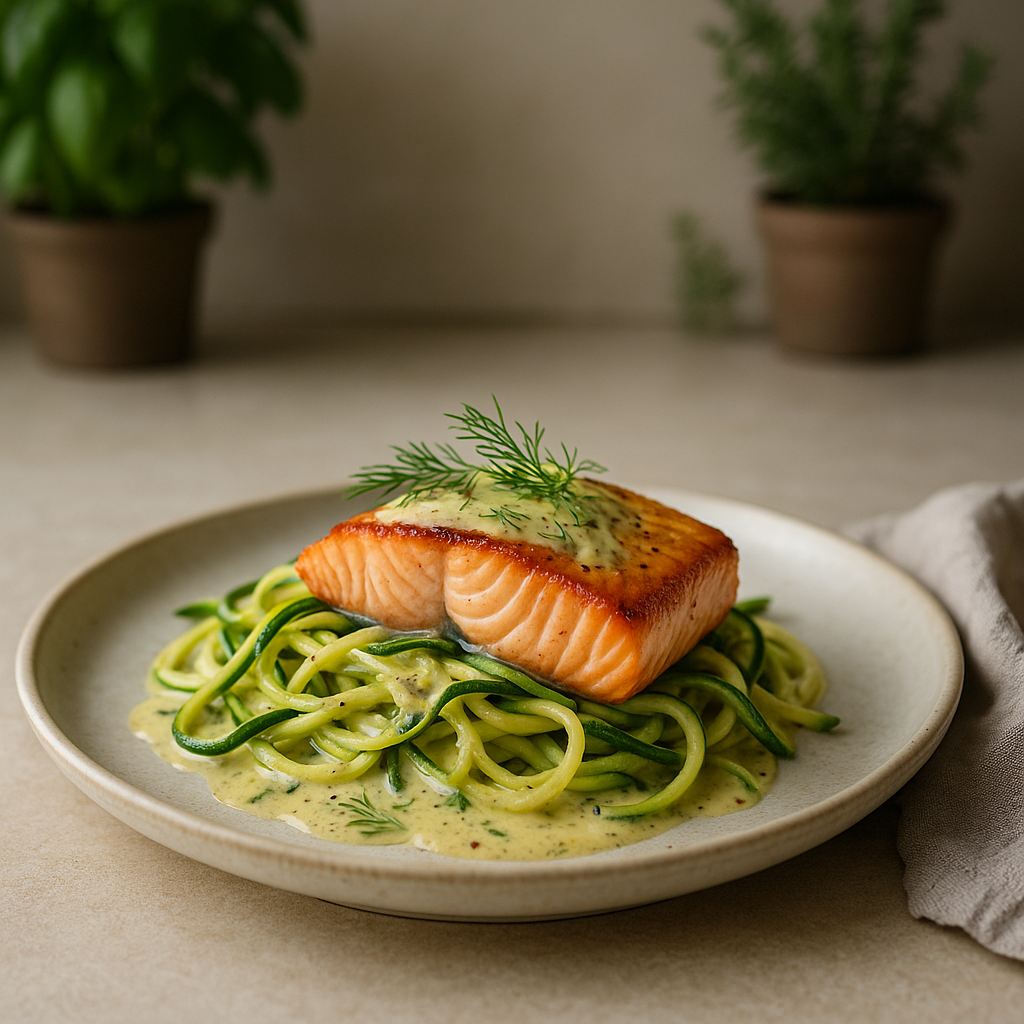 Zucchini-Spaghetti mit Lachs und Dill-Senf-Sauce